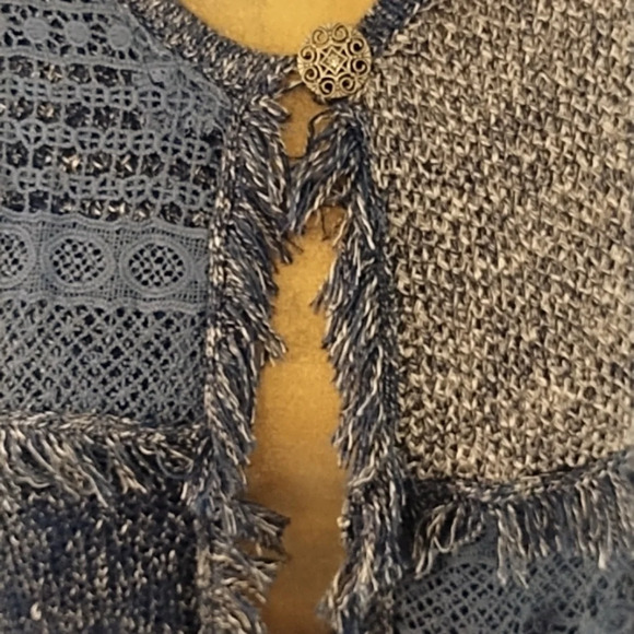Denim Blue & Navy Boho Patch Crochet Lace, Fringed Cardigan - Picture 3 of 7